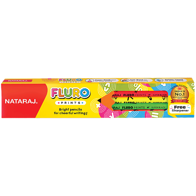 Nataraj Fluro Prints Rubber Tipped Pencils, 10 pcs (Get Free Sharpener)