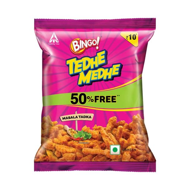 Bingo! Tedhe Medhe Masala Tadka, 50g, Spindle Shaped Crunchy Snack with Indian Masala Flavour Perfect for Snacking