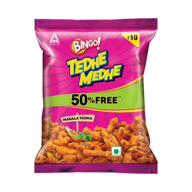 Bingo! Tedhe Medhe Masala Tadka, 50g, Spindle Shaped Crunchy Snack with Indian Masala Flavour Perfect for Snacking