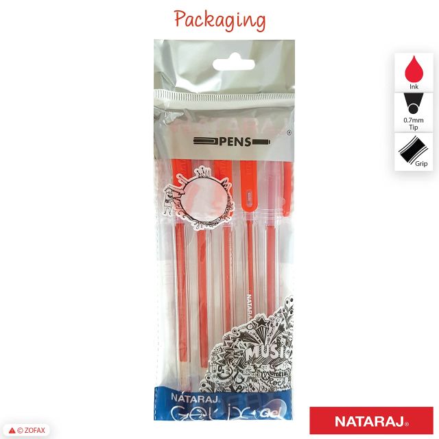 NATARAJ - 5 Gelix Gel RED Pens 0.7mm Fine Tip Waterproof Ink Office School