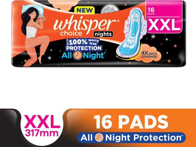 Whisper Choice Nights, 16 XXL Pads, with 4x Back Coverage^ Sanitary Pad (Pack of 16)